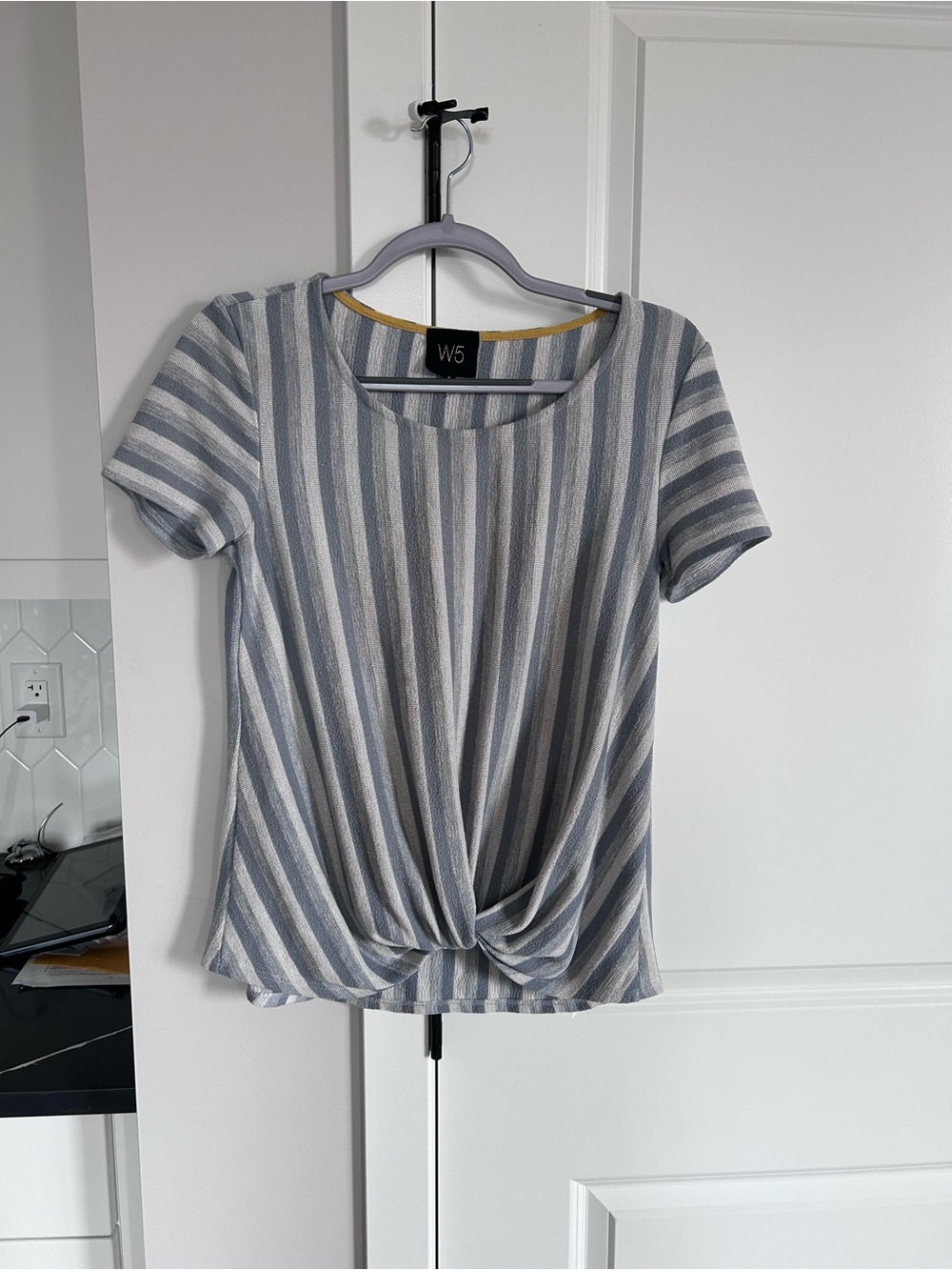 Anthropologie W5 Blue White Striped Knot Front Short Sleeve Top Sailor Blouse